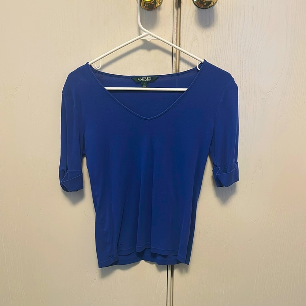 Ralph Lauren Blue Fitted Blouse with Elbow-Length Sleeves💙